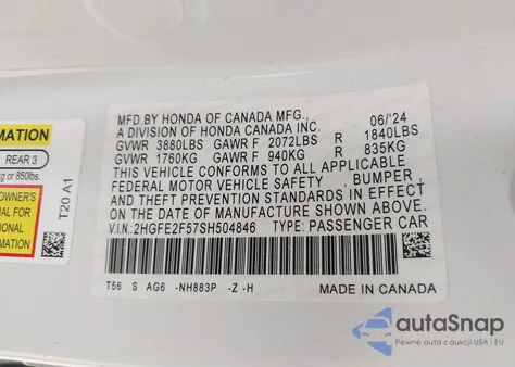 2025 Honda Civic Sport from USA, damaged, VIN 2HGFE2F57SH504846